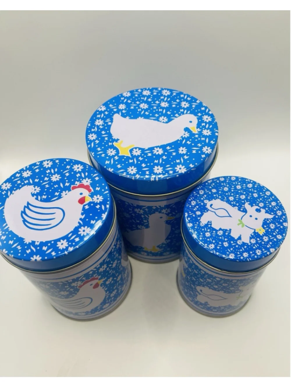 Set of (3) Vintage Country Calico Tin Kitchen Canisters Blue Duck Chick Cow